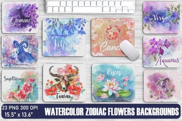 Download Watercolor Zodiac Flowers Backgrounds Bundle - Bundle Collection
